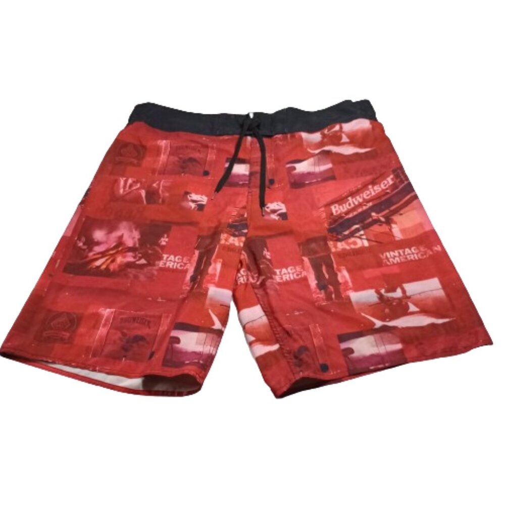 Budweiser Men's Swimwear Red Board Shorts Logo All Over Print Drawstring Size L